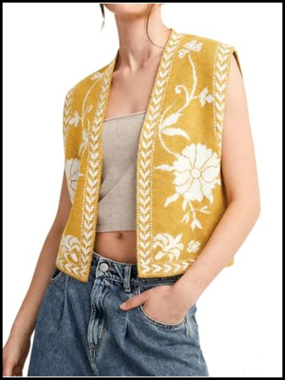 Womens Sleeveless Knit Vest Boho Floral Cropped Cardigan Acrylic